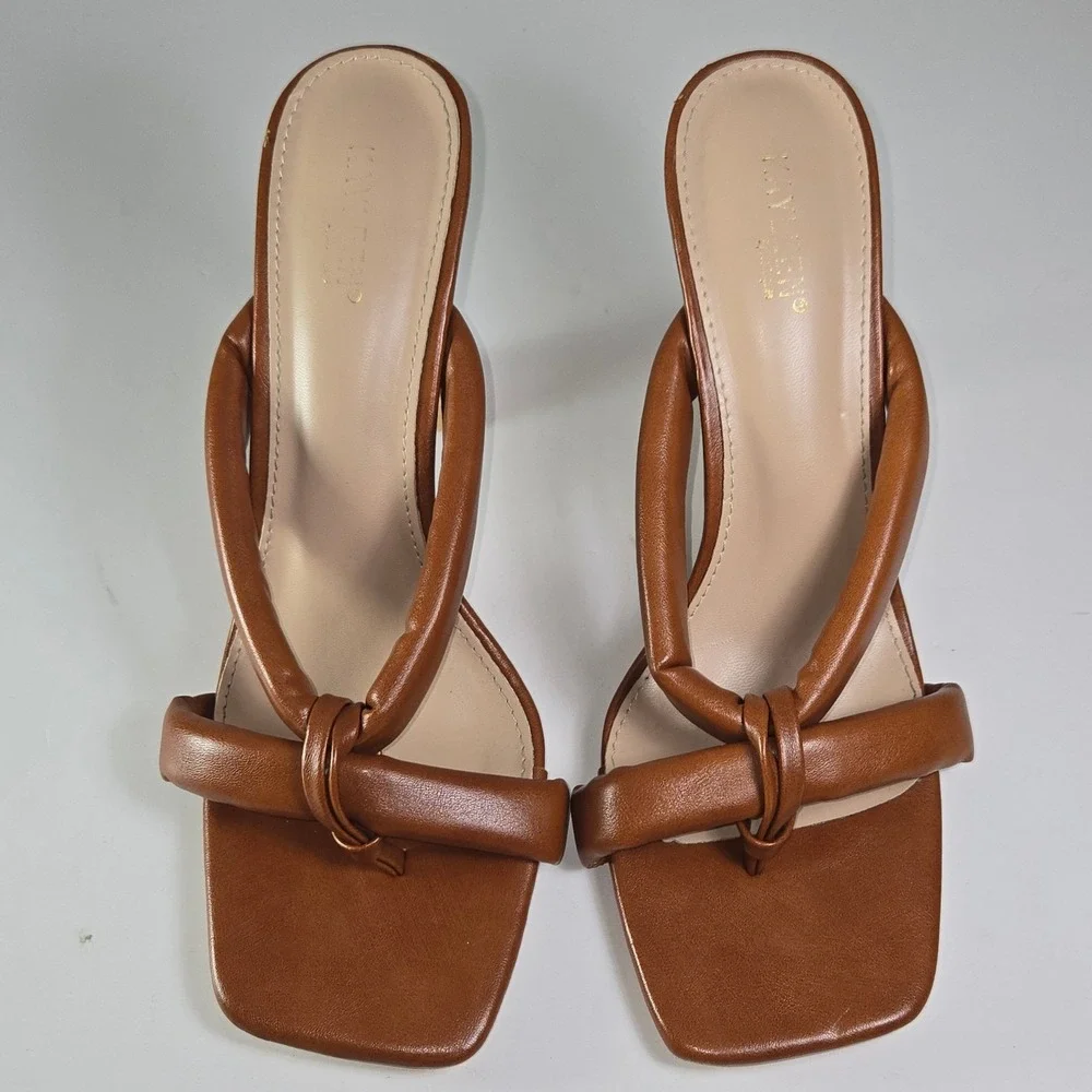 Kayleen Tan Brown Square Toe Padded Thong‎ Heeled Sandals Size 10